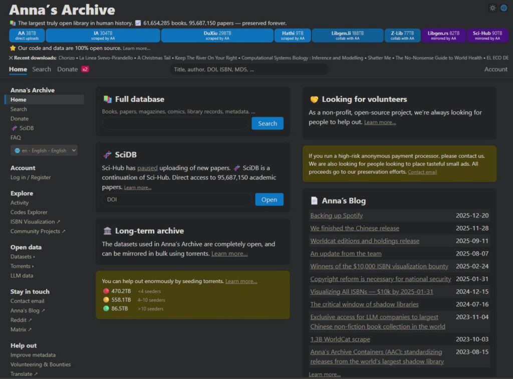 Скриншот сайта Anna's Archive с базой данных книг и научных статей.