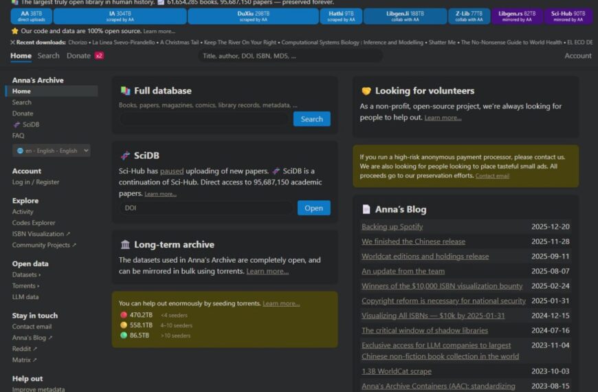 Скриншот сайта Anna's Archive с базой данных книг и научных статей.