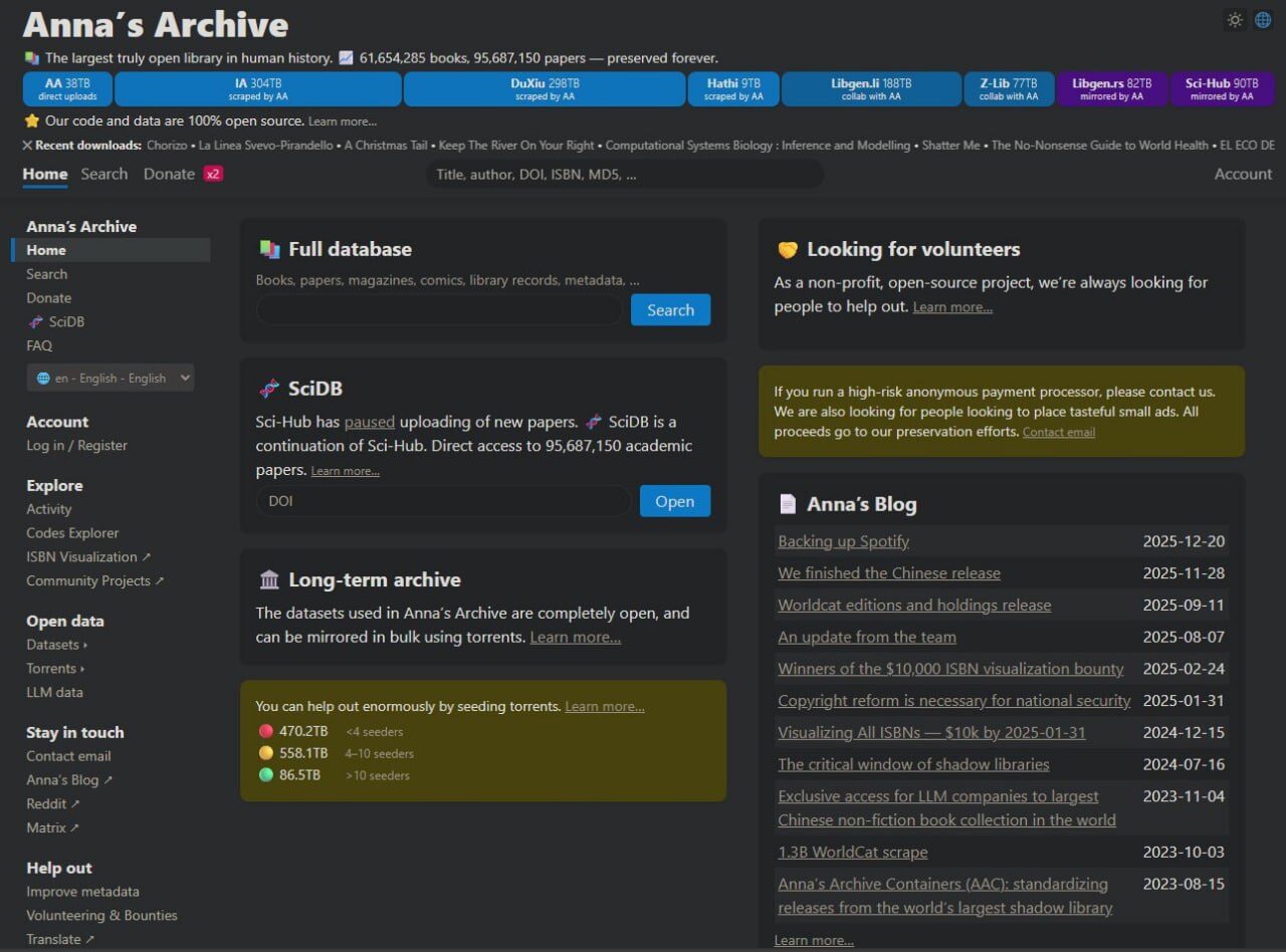 Скриншот сайта Anna's Archive с базой данных книг и научных статей.