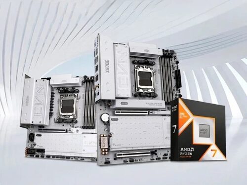 Белые материнские платы NZXT и процессор AMD Ryzen 7 на фоне современного интерьера.