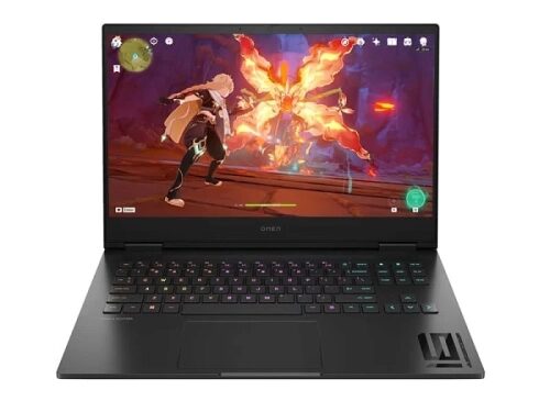 Игровой ноутбук с подсветкой клавиатуры показывает сцену из видеоигры.