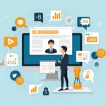 Инфографика общения профессионала через компьютерные иконки, графики и соцсети.