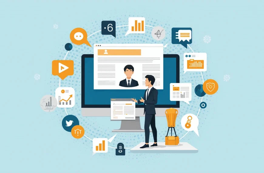 Инфографика общения профессионала через компьютерные иконки, графики и соцсети.