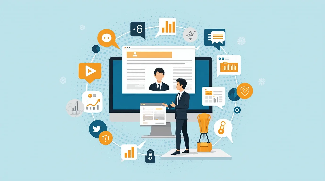 Концепция онлайн-бизнеса: человек у компьютера с графиками и иконками социальных сетей.