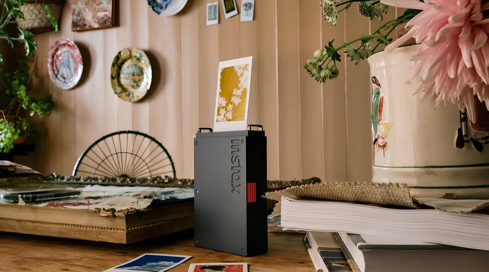 Принтер Instax печатает фото в уютной комнате, декорированной картинами и цветами.