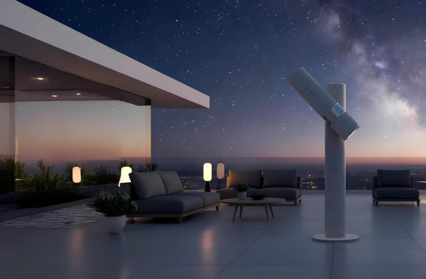 Современная терраса с телескопом на фоне звездного неба и заката.