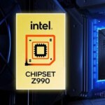 Чипсет Intel Z990 на фоне материнской платы, выделенный светом.