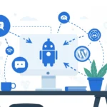 Компьютер с изображением робота и иконками приложений на экране, символизирует технологии.