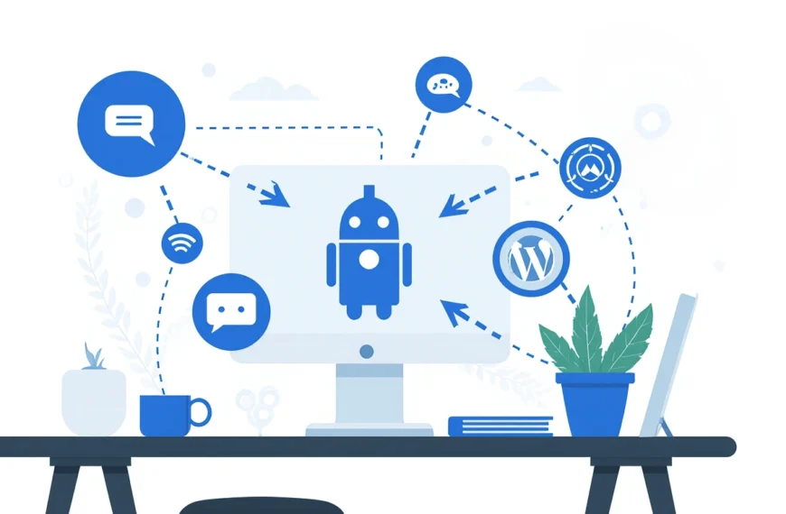 Компьютер с изображением робота и иконками приложений на экране, символизирует технологии.