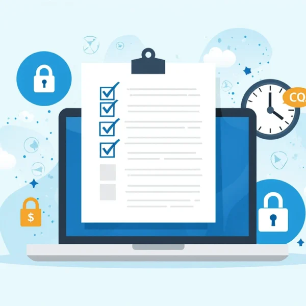 Компьютер с контрольным списком, замки, деньги, часы на светло-голубом фоне.