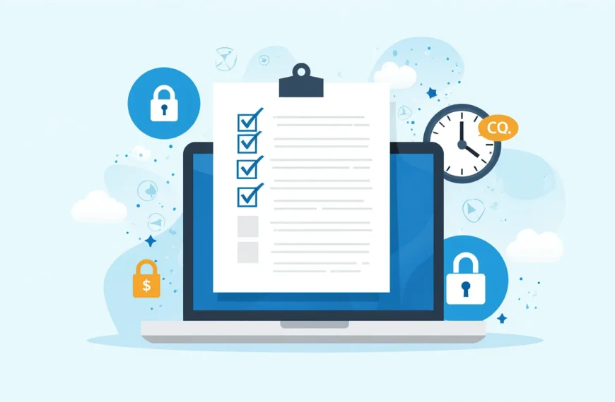 Компьютер с контрольным списком, замки, деньги, часы на светло-голубом фоне.