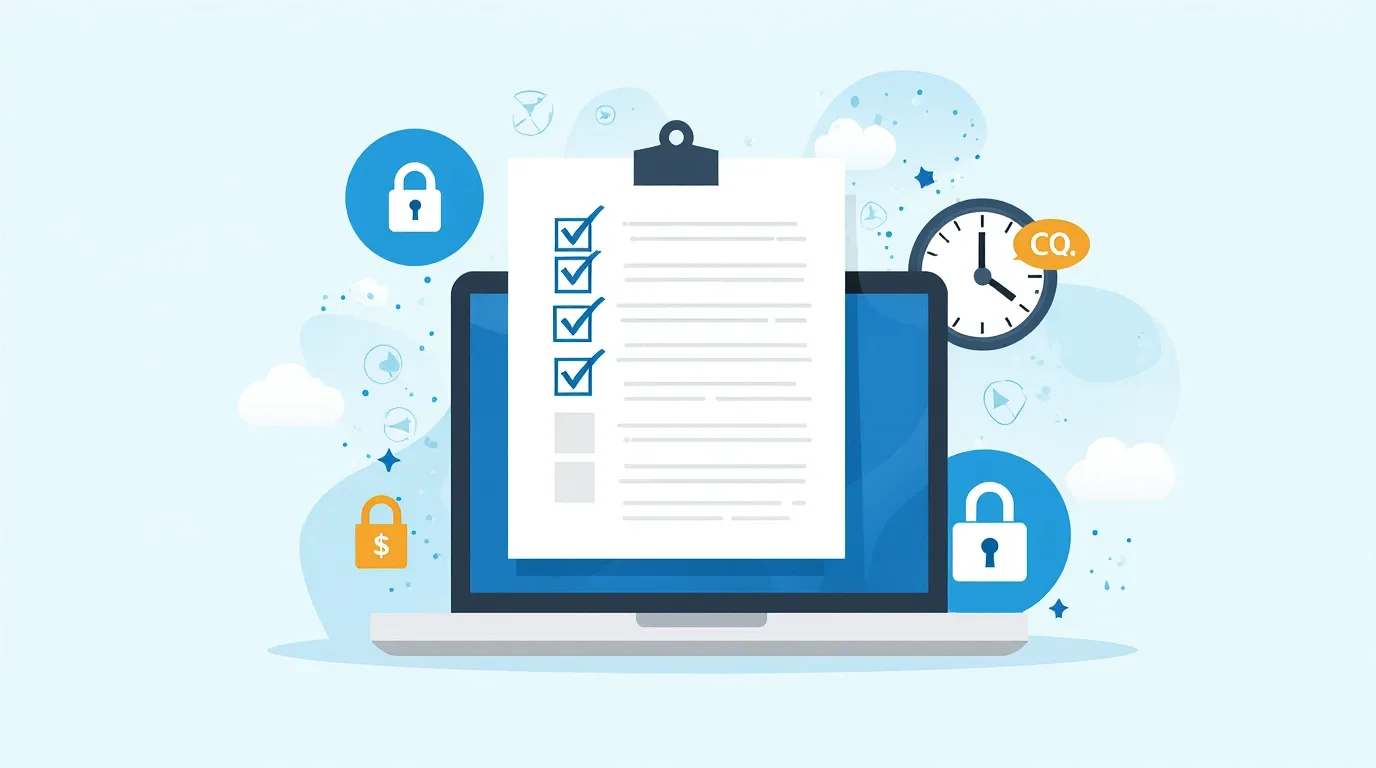 Компьютер с контрольным списком, замки, деньги, часы на светло-голубом фоне.