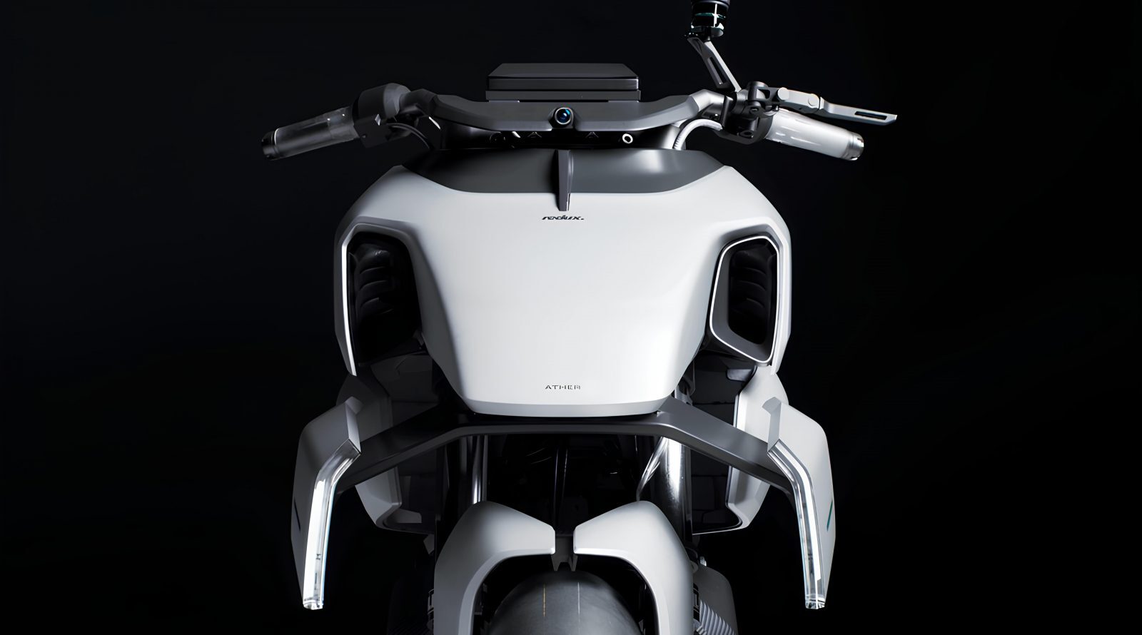Белый футуристичный мотоцикл на черном фоне, вид спереди.