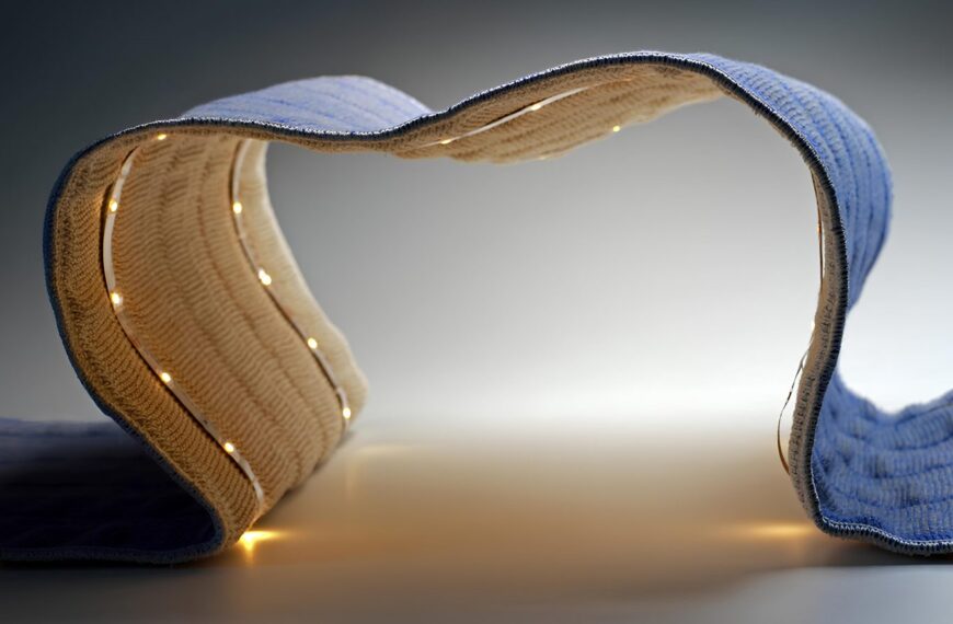 Изогнутый светящийся текстильный материал с LED-подсветкой, фокус на дизайне и инновациях.