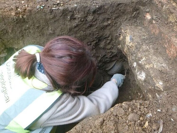 Археолог за работой, исследует раскоп в грунте.