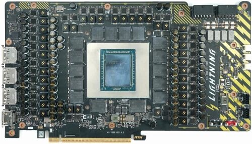 Видеокарта MSI Lightning с открытой печатной платой и компонентами.