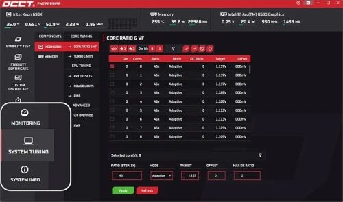 Окно настройки системы в программе OCCT с отображением параметров процессора.