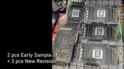 Образцы видеокарт: 2 ранних, 3 новой ревизии на сетчатой подложке.