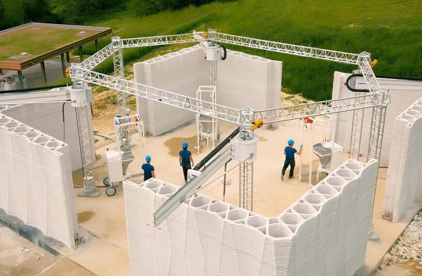 3D-печать дома на строительной площадке, работники в касках.