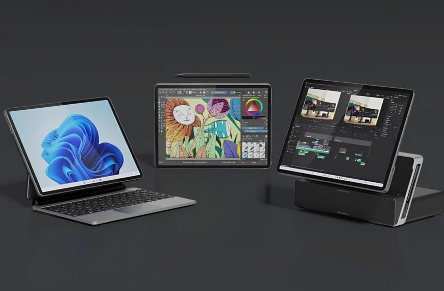 Три планшета с разными приложениями: Windows, графика, видеомонтаж.