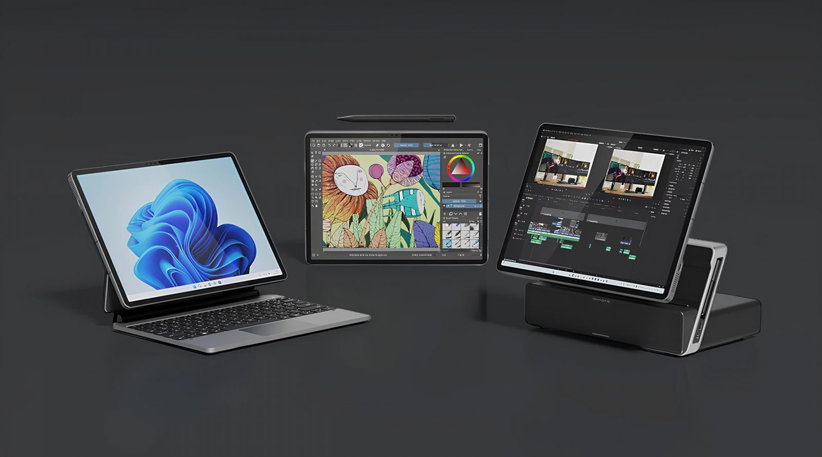 Три планшета с разными приложениями: Windows, графика, видеомонтаж.