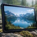 Планшет на природе с изображением гор и озера на экране.