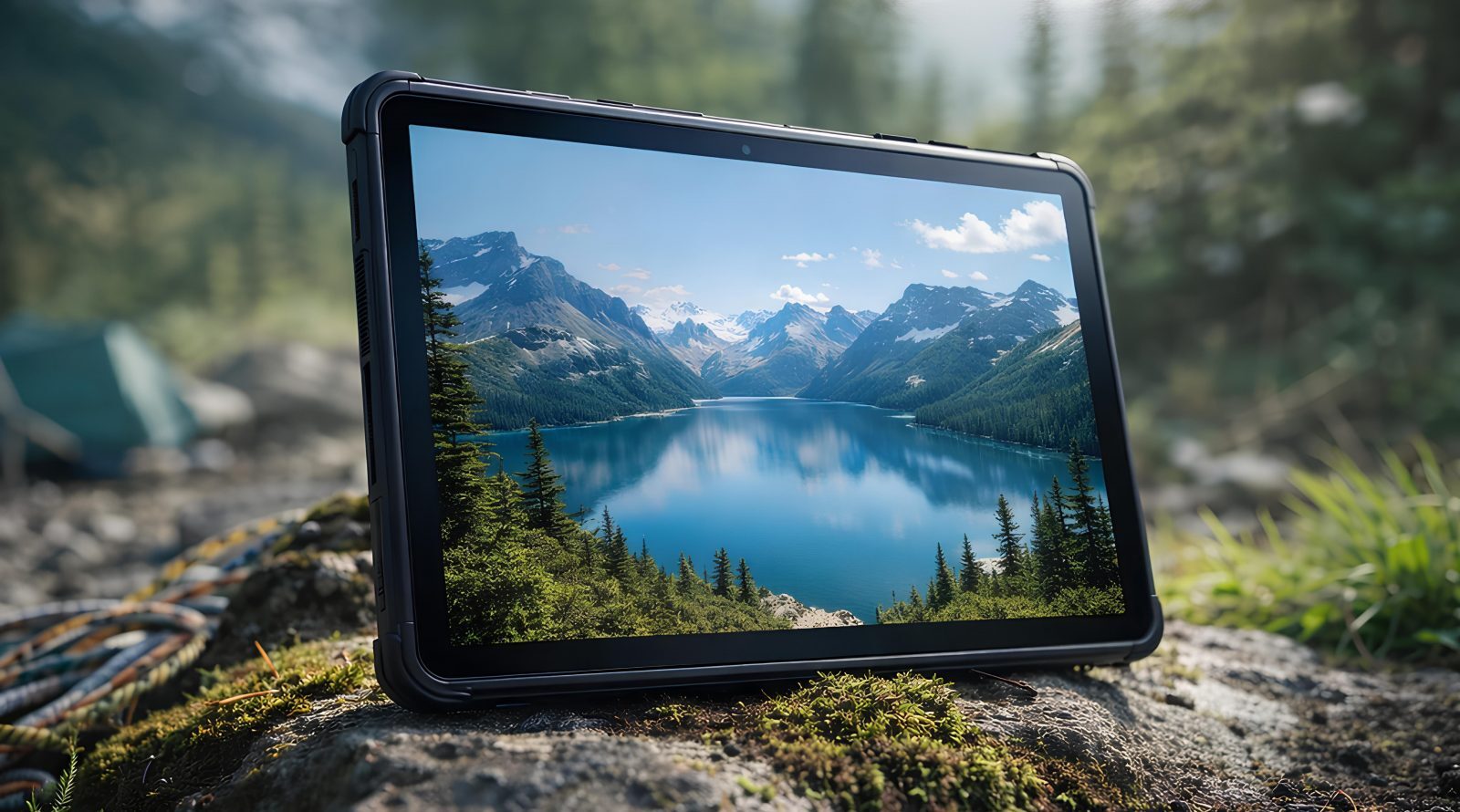 Планшет на природе с изображением гор и озера на экране.