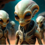 Инопланетяне с большими головами и темными глазами в пустынном пейзаже.