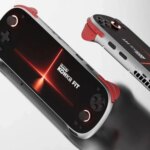 Портативная игровая приставка с красными акцентами на светлом фоне.