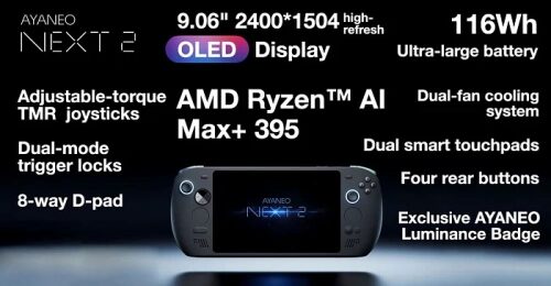 AYANEO NEXT 2 с OLED-дисплеем, AMD Ryzen AI, мощной батареей и инновационными функциями.