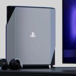 Игровая консоль с наушниками рядом с телевизором.