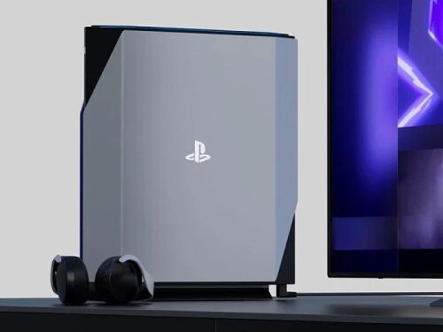 Игровая консоль с наушниками рядом с телевизором.