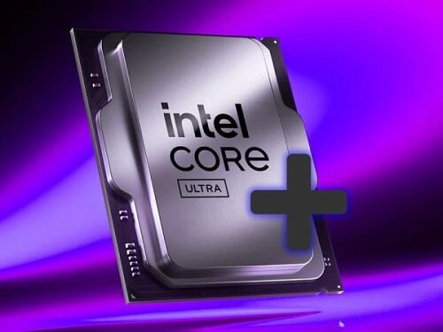 Процессор Intel Core Ultra на фиолетовом фоне, крупный план.