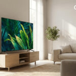 Современная гостиная с большим телевизором и уютным диваном.