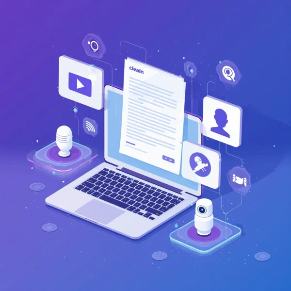 Ноутбук с интернет-технологиями, соцсети, микрофон, поиск, иконки на синем фоне.