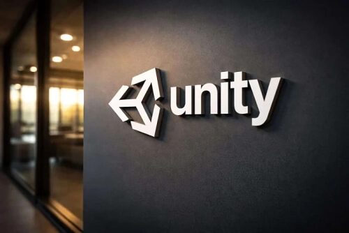 Логотип Unity на стене в офисе, 3D буквы, вечернее освещение.