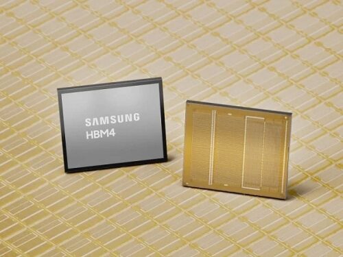 Полупроводники Samsung HBM4 на золотистой подложке, вид спереди и сзади.