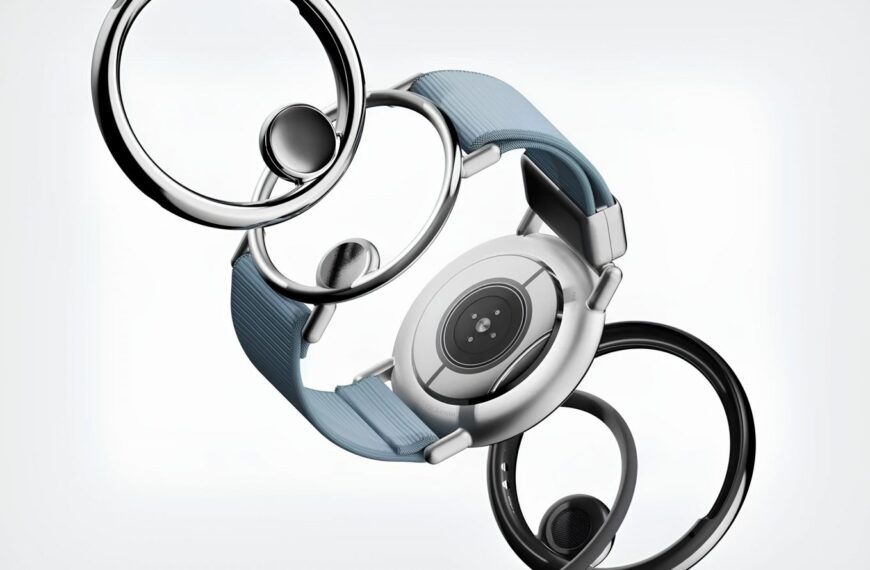 Современные умные часы с синим ремешком на светлом фоне.