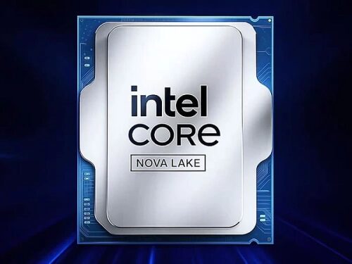 Процессор Intel Core Nova Lake на синем фоне, изображение для SEO.