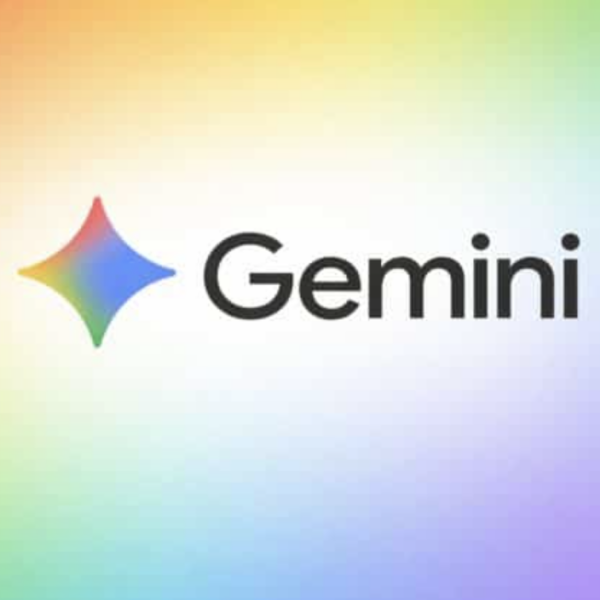 Логотип Gemini на радужном фоне, градиентные цвета, название черным шрифтом.