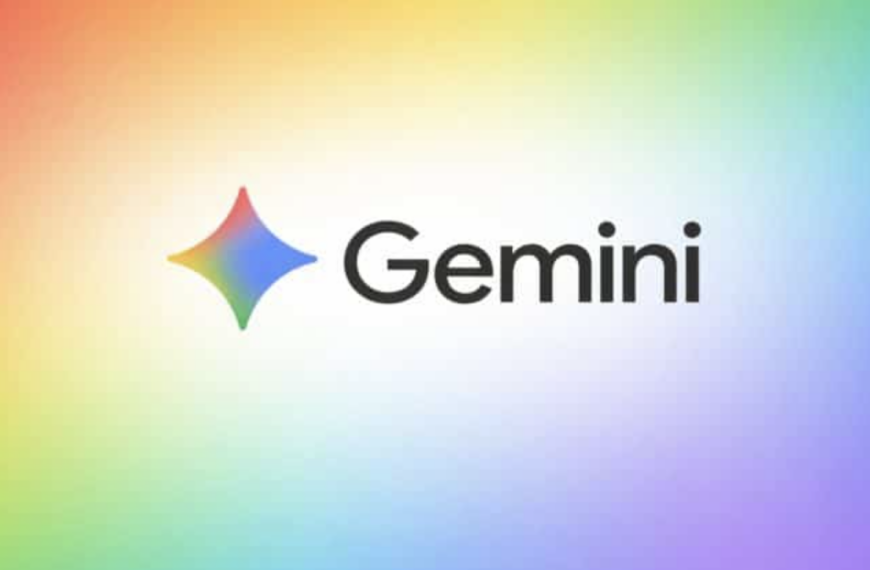 Логотип Gemini на радужном фоне, градиентные цвета, название черным шрифтом.