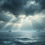 Море под драматичными облаками, свет сквозь тучи, корабли на горизонте.