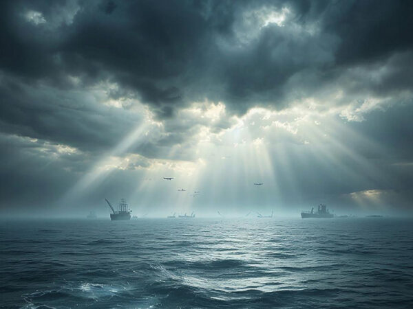 Море под драматичными облаками, свет сквозь тучи, корабли на горизонте.