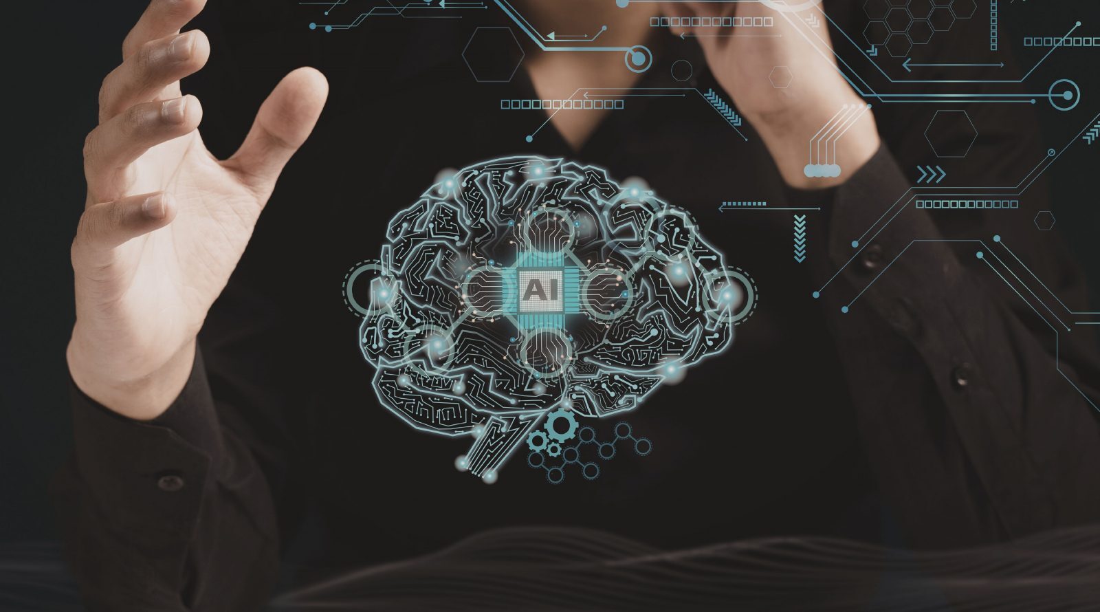 Человек управляет нейронной сетью искусственного интеллекта, изображение мозга и технологии.