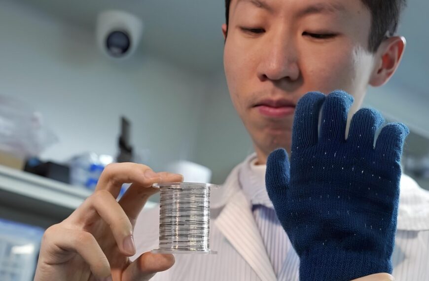 Человек в лаборатории держит катушку с тонкой проволокой в руке в синей перчатке.