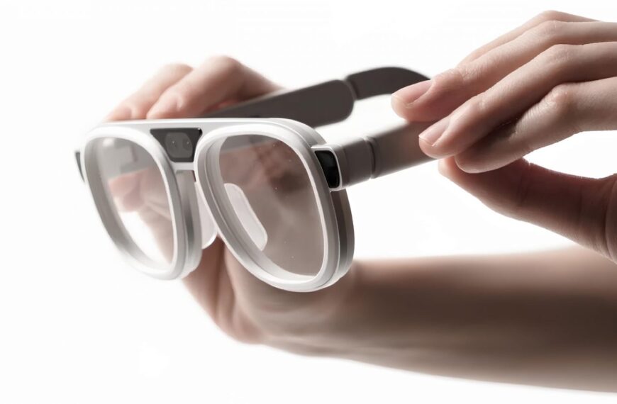 Руки держат белые стильные очки с толстыми рамками на белом фоне.