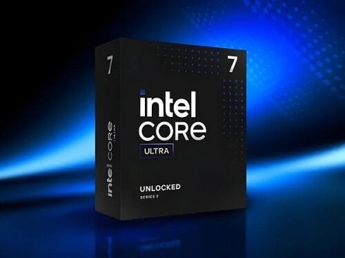 Коробка процессора Intel Core Ultra i7 на фоне синих и черных оттенков.