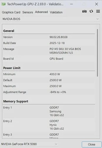 XOC BIOS от MSI RTX 5090 Lightning Z с лимитом питания 2500 Вт появился в Сети