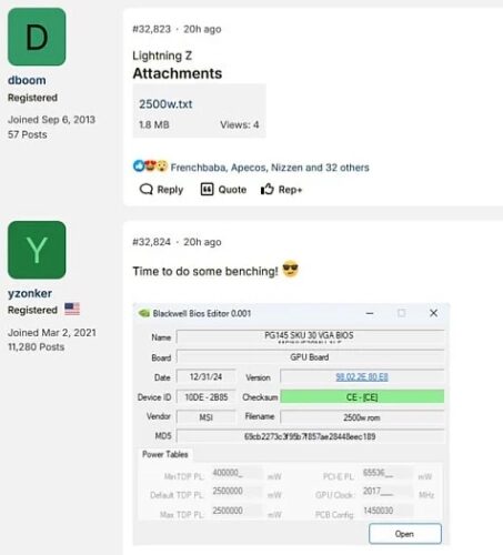 XOC BIOS от MSI RTX 5090 Lightning Z с лимитом питания 2500 Вт появился в Сети