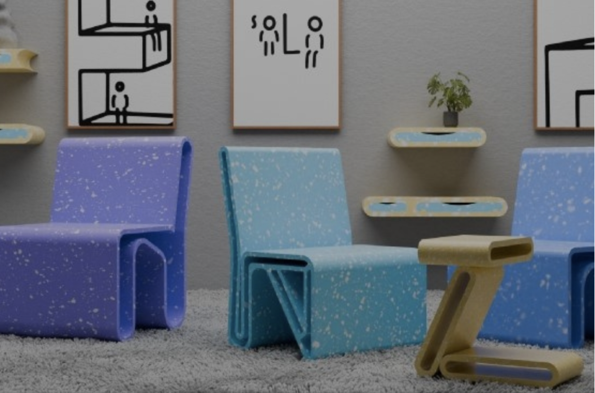 Современные разноцветные кресла и стол в интерьере с картинами и растением на полке.